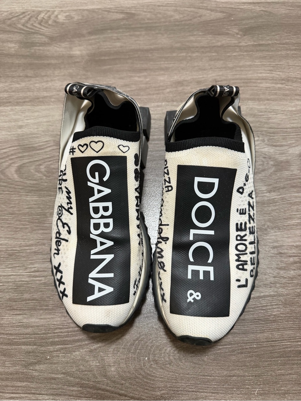 Dolce & Gabbana White and Black Logo Graffiti Slip-On Sneakers